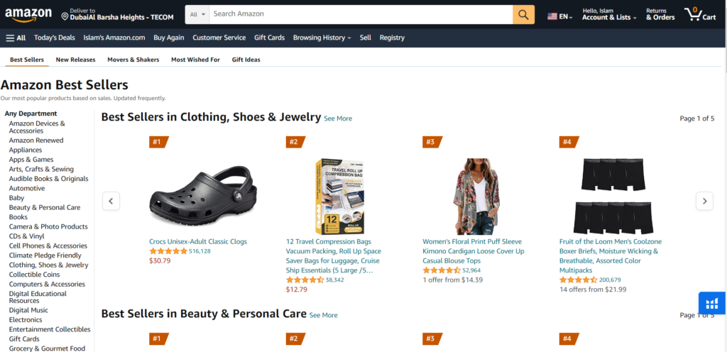 Amazon.com best seller page for product research